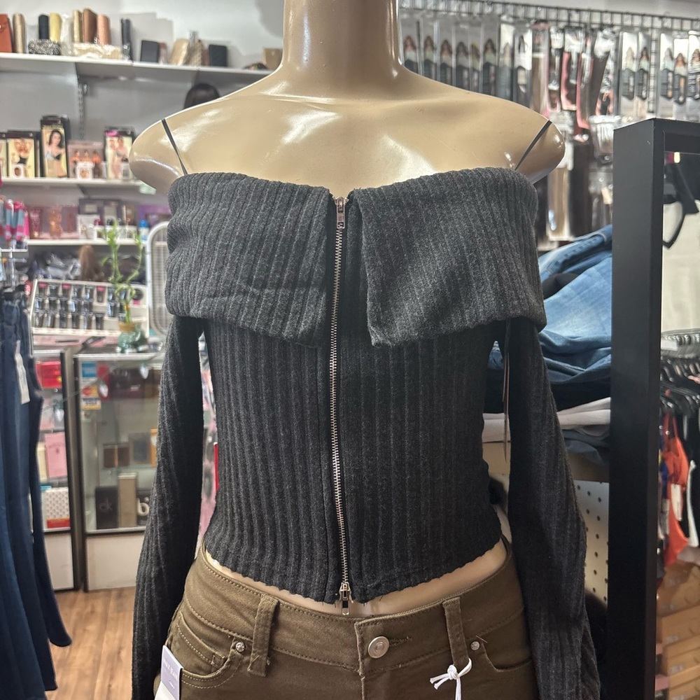 Gray Off-Shoulder Ribbed Top